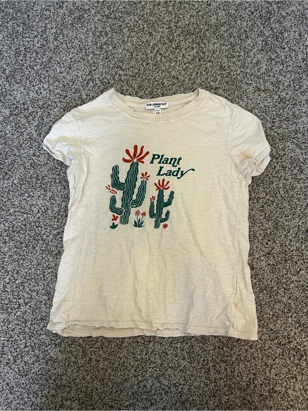 Sub_Urban Riot Cream Tee with Green Cactus and Red Floral Graphic